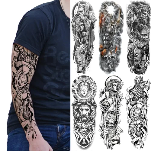 Vista 10 de Mangas temporales de tatuaje de bosque, brazo completo, lobo grande, león, animal, bosque, tribal, tatuajes falsos para hombres, mujeres y adultos