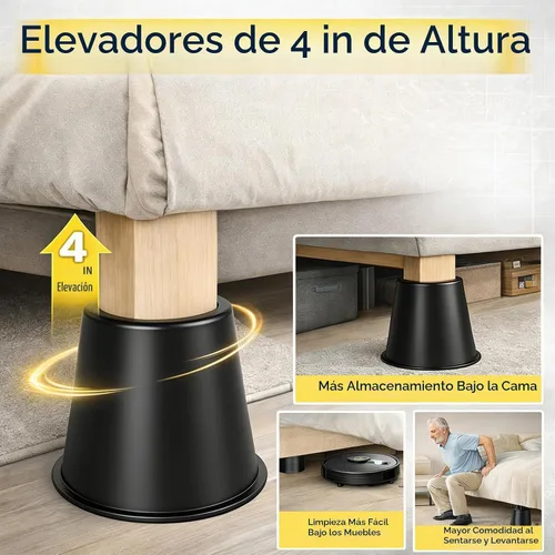 Vista 5 de Elevadores de cama resistentes de 4 pulgadas – Juego de 9 elevadores de muebles ajustables para camas, sofás, mesas y sillas – Soporta hasta 1500