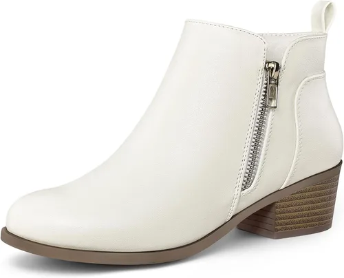 Vista 8 de Mysoft - Botines de tobillo para mujer con tacón bajo grueso y puntera redonda, estilo casual, cómodos, cortos con cremallera lateral PU Coñac