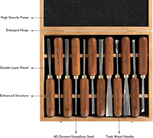 Vista 2 de Juego de 12 piezas de herramientas de tallado de madera para carpintería con caja de madera, cuchillas de acero CR-V 60 ultra afiladas