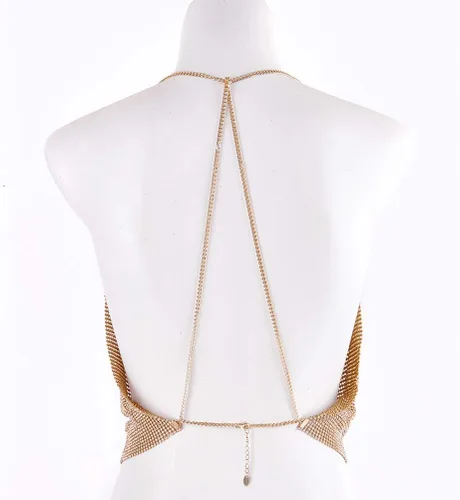 Vista 4 de Camisetas sexys doradas para mujer, con cuello en V profundo y brillante, camisetas sin mangas, camisola con cadena