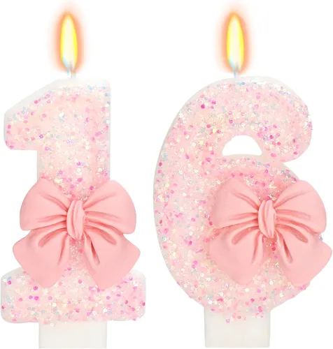 Vista 15 de Vela de cumpleaños para pastel, vela 0 - purpurina rosa con lazo, vela de feliz cumpleaños de 2.76 pulgadas, adorno superior de pastel para fiestas