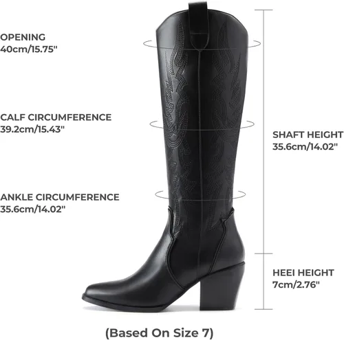 Vista 4 de Dream Pairs - Botas vaqueras para mujer, cómodas, con cremallera, tacón grueso, puntera puntiaguda, bordadas, botas altas hasta la rodilla