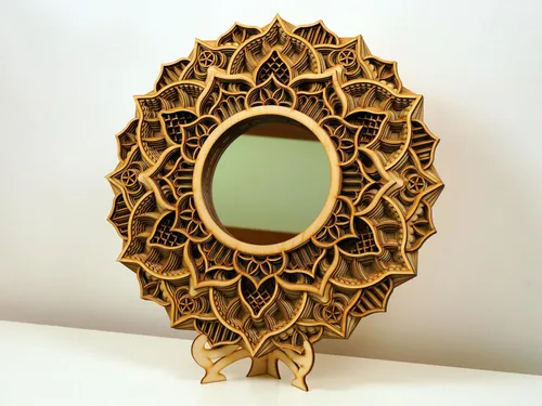 Vista 2 de BHDecor Espejo para decoración de pared para el hogar, marco tallado con corte láser, elegante mandala de madera para colgar, paneles de MDF