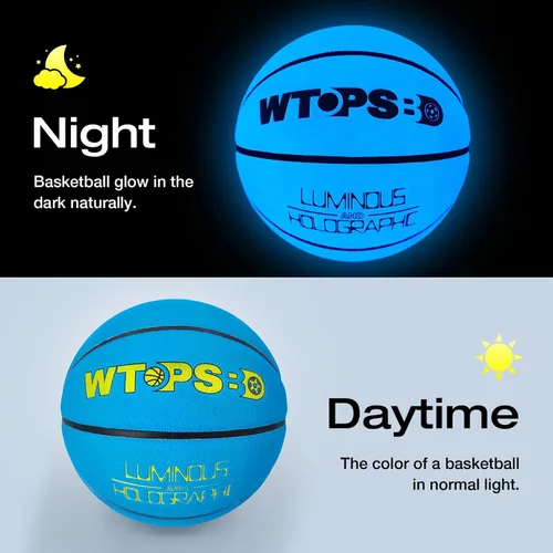 Vista 2 de Balón de baloncesto que brilla en la oscuridad azul, balón de baloncesto luminoso y genial con bomba y bolsa, para interiores y exteriores, de cuero