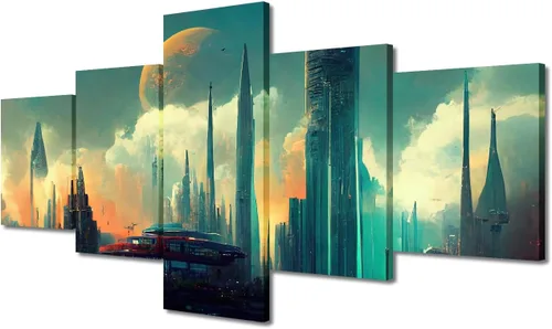 Vista 161 de Cuadros de 5 paneles de Cyberpunk City, arte de pared, representación de vallas publicitarias, edificios modernos en la capital con obras de arte