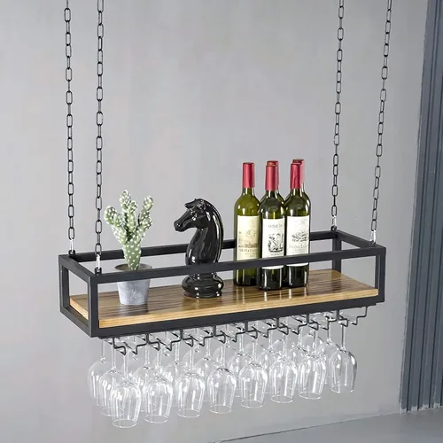 Vista 6 de Estante de techo para copas de vino, estante colgante para vino con soporte para vidrio y estante, soporte para botellas de vino colgante industrial