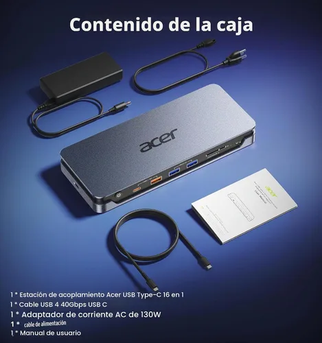 Vista 8 de Acer 16-in-1 DisplayLink Docking Station,Triple 4K@60Hz,130W Power Adapter