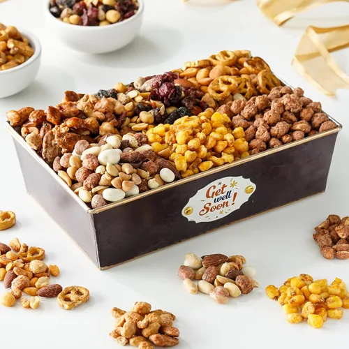 Vista 7 de Broadway Basketeers Cesta de regalo con texto en inglés "Thank You Nuts", surtido de 6 frutos secos gourmet variados, mezclas de frutos secos, caja