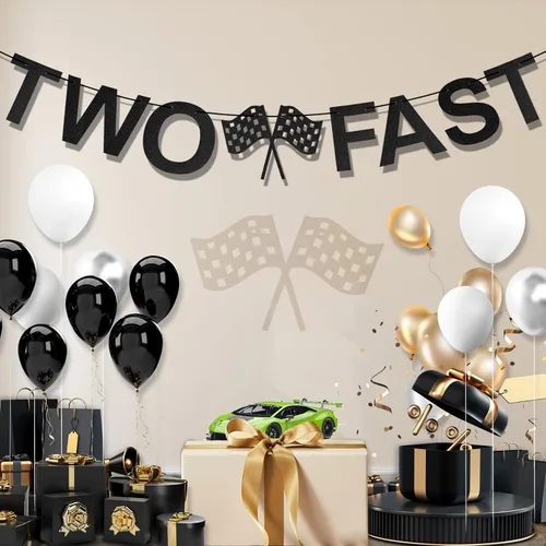 Vista 3 de Letrero con texto en inglés "Two Fast" Happy Birthday, suministros para fiestas temáticas, banderas a cuadros en blanco y negro, bandera de carreras