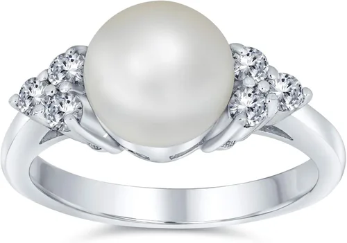 Vista 2 de Anillo de compromiso personalizable para fiesta nupcial, piedras laterales de circonita cúbica, color blanco, solitario, perlas cultivadas en agua