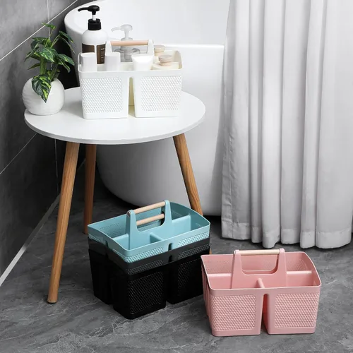Vista 7 de rejomiik - Cesta portátil para ducha de plástico, organizador de limpieza con asa, organizador de almacenamiento portátil con asa para baño, Negro