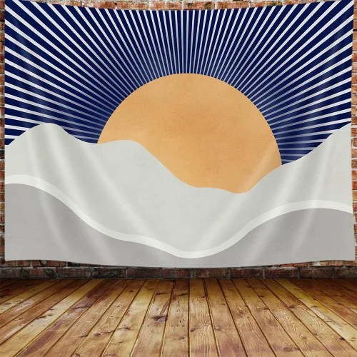 Vista 8 de JAWO Tapiz Bohemio Azul, Tapiz de Naturaleza con Montaña Abstracta y Sol Dorado para Colgar en la Pared para Dormitorio, Tapices de Paisaje