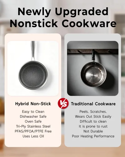Vista 3 de FogDream Sartén antiadherente de 10 pulgadas con tapa, sartén híbrida de acero inoxidable de panal, compatible con inducción de tres capas, sartén