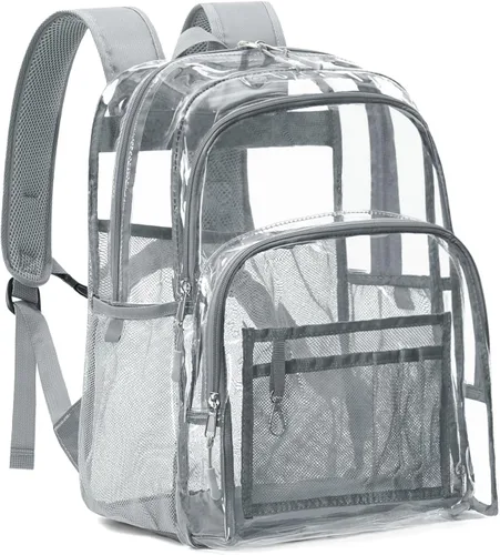 Vista 9 de Mochila transparente grande de doble capa, 17 pulgadas, resistente, transparente, para universidad, trabajo, Beige, Grande, Mochila de doble capa