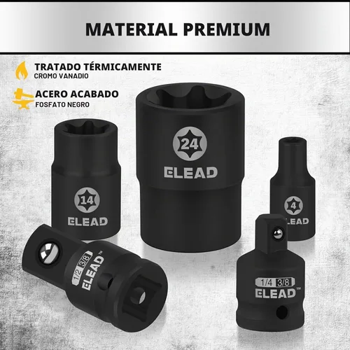 Vista 4 de Juego de llaves de vaso E-Torx invertidas de 17 piezas, acero Cr-V de impacto prémium E4 - E24 Star hembra para llave de impacto 1/2 3/8 1/4 Kit