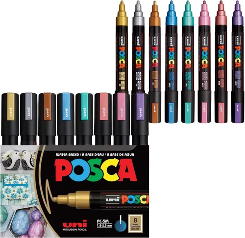 Vista 13 de Posca PC-5M Rotuladores de Pintura a Base de Agua, Punta Media Reversible (1.8-2.5mm), Tono Fresco, Pack de 8 Frío