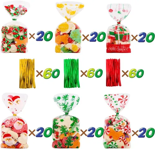 Vista 2 de VEYLIN 120 bolsas de celofán de Navidad, bolsas de dulces de celofán de Navidad con lazos para recuerdos de fiesta de vacaciones
