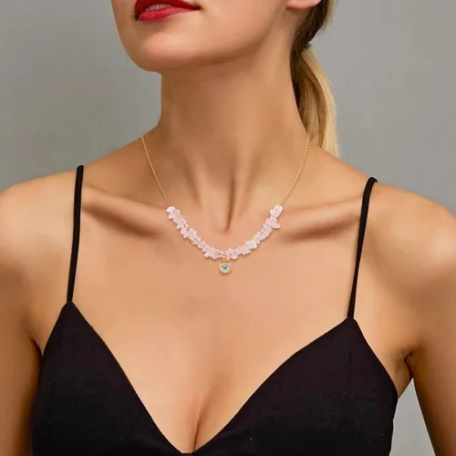 Vista 2 de BONJOULRY Collares delicados con cristales de cuarzo rosa para mujer, estilo bohemio, curativo, con cuentas cúbicas, con dije de flor de loto