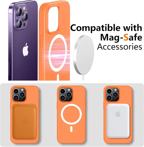 Vista 3 de Funda magnética de silicona líquida para iPhone 14 Pro, compatible con Magsafe, 2 protectores de pantalla de vidrio + protector de cámara, delgada