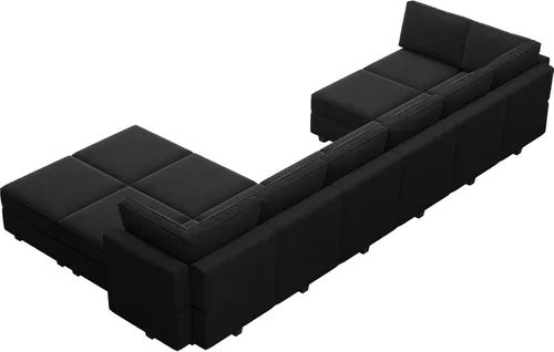 Vista 8 de Belffin Sofá modular en forma de U de gran tamaño con tumbonas dobles reversibles de terciopelo con almacenamiento, color negro