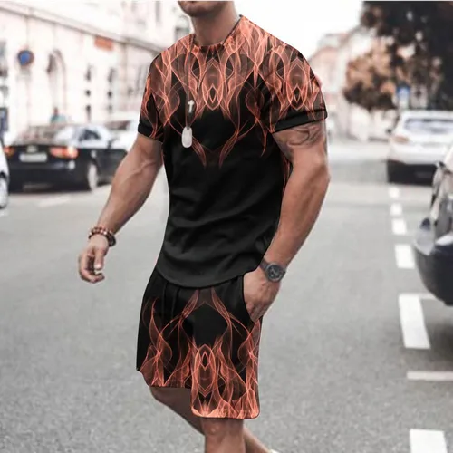Vista 2 de Traje deportivo piezas hombre estampado manga corta cuello redondo camisa pantalones cortos pantalón chándal 2 piezas