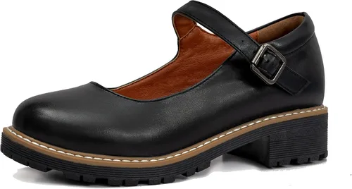 Vista 6 de Zapatos Oxford Mary Janes de cuero para mujer, zapatos planos gruesos y bajos de plataforma de costura retro clásicos con correa de tobillo
