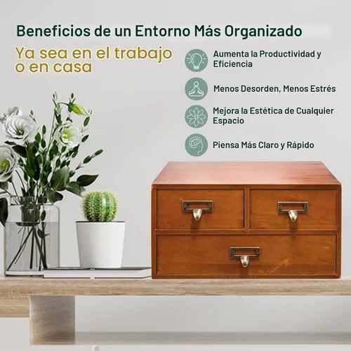 Vista 4 de Gabinete de boticario modular apilable de escritorio con 3 cajones, boticario de madera maciza para mesa, cajones de catálogo de tarjetas