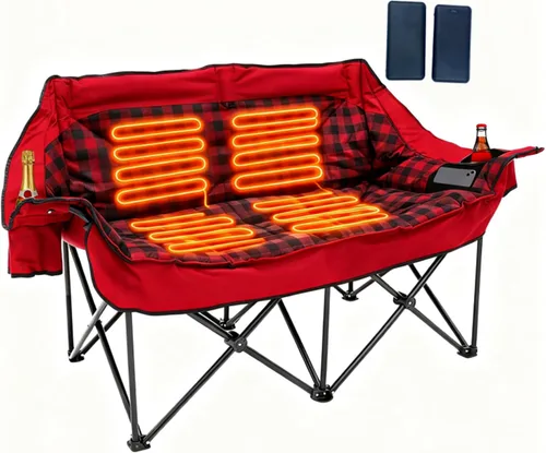 Vista 9 de Silla de Campamento Doble Climatizada con 2 Baterías, Sofá de Campamento Acolchado con 3 Niveles de Calor y 4 Zonas de Calefacción, Sofá de Dos