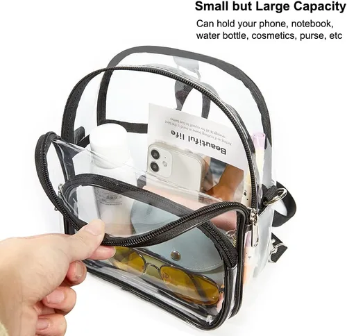 Vista 6 de COVAX Mini mochila transparente, aprobada para estadios, mochila transparente para mujer, para el trabajo, viajes de seguridad, conciertos y eventos