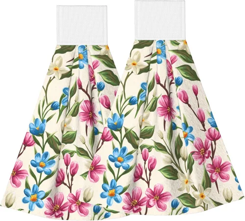 Vista 18 de Juego de 2 toallas de mano colgantes de hortensias azules, acuarela, primavera, pájaro, con lazo para colgar, toallas suaves y absorbentes para baño