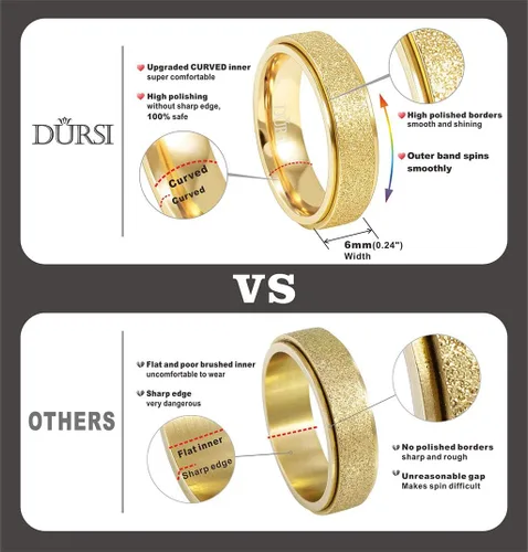 Vista 2 de Anillo giratorio para mujer y hombre de acero inoxidable con acabado de lijado para ansiedad, 6 mm / 8 mm