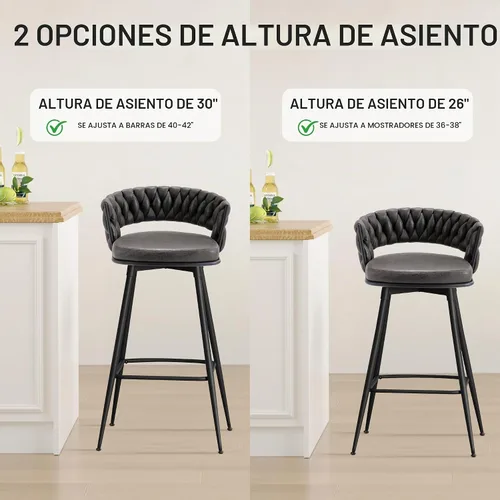 Vista 3 de BV - Juego de 2 taburetes de bar de altura de mostrador, taburetes de bar de altura de asiento de 26 pulgadas, taburetes de bar giratorios de 180°