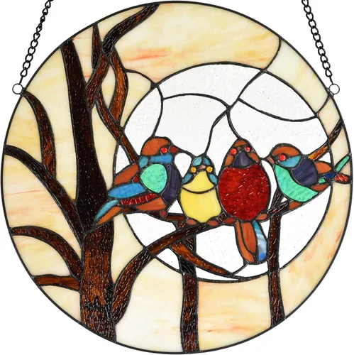 Vista 5 de Bieye W10045 Birds Sitting on The Bare Tree Branch Again Full Moon Tiffany Style Vidrieras Colgantes con cadena, forma redonda de 16 pulgadas