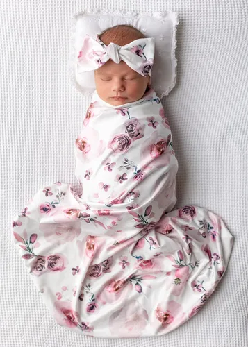 Vista 14 de Manta elástica con estampado floral para recién nacido, con diadema a juego (azul y rosa) Baby Grils Receiving Blanket with Name Card Stretch Wrap