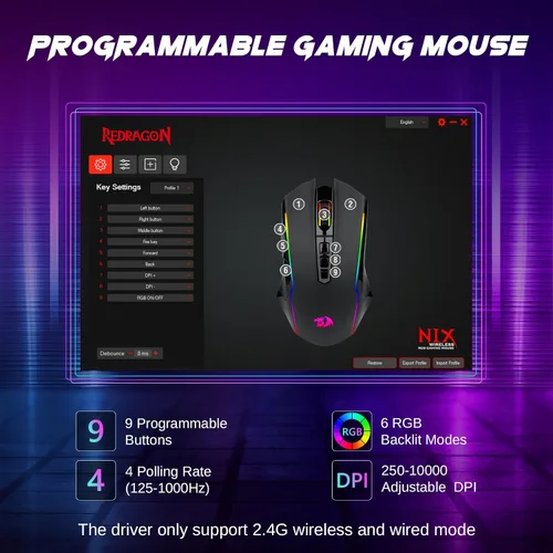 Vista 4 de Redragon Ratón inalámbrico para juegos, triple modo 2.4GUSB-CBluetooth, 10000 DPI, retroiluminación RGB, totalmente programable, mouse inalámbrico