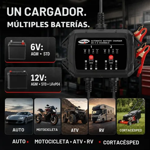 Vista 5 de TOPDC Cargador de batería automático de 2 bancos 4A, 6V/12V, 2A por canal