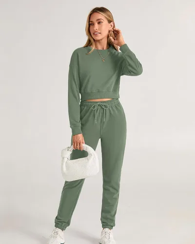 Vista 47 de BTFBM Conjunto deportivo de 2 piezas para mujer, camiseta corta de manga larga, sin botones, pantalón con cordón ajustable, pantalones deportivos