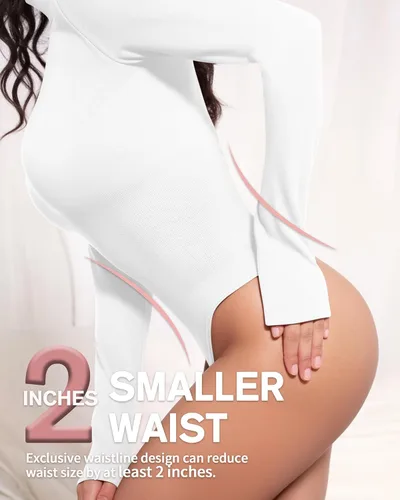 Vista 2 de MANGOPOP Mock Turtleneck Long Sleeve Bodysuit Thong Shapewear Tummy Control Ribbed Seamless