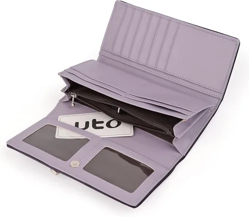 Vista 4 de UTO Cartera RFID para mujer, de gran capacidad, de piel sintética, tarjetero, funda para teléfono, bolsillo con cremallera, embrague Gris