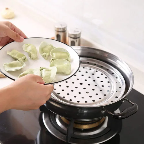 Vista 3 de Bandeja de cocina redonda de acero inoxidable de 7.9 pulgadas, estante de soporte de vapor para olla a presión, patas extraíbles, estante chino