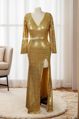 Vista 8 de Vestido de fiesta de lentejuelas de manga larga con cuello en V, vestido de fiesta dividido de satén con cola desmontable, vestido de noche formal