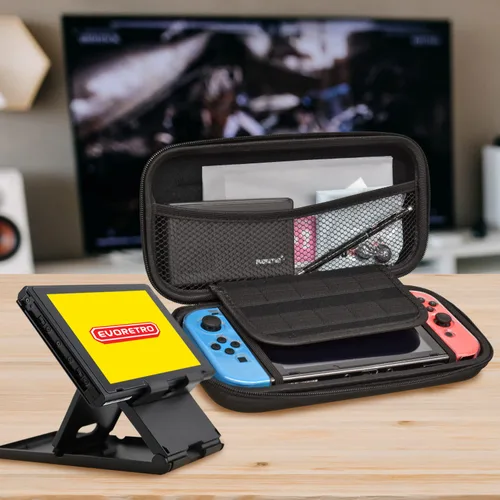Vista 6 de Switch Accessories Kit compatible for Nintendo Switch - Black Bundle Set with Travel Case, Game Card Holder, Thumb Grip, Tempered Glass, TPU Case