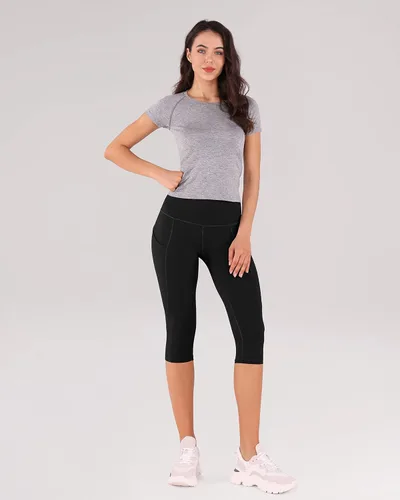 Vista 5 de ODODOS Leggings capri con cintura alta bolsillos control de abdomen para mujer no transparentan para yoga entrenamiento deportes y correr