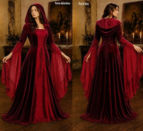 Vista 4 de BITSEACOCO Disfraz de bruja de lujo para mujer, vestido de vampiro con capucha gótico renacentista bordado vintage, vestido de cosplay Rojo vino