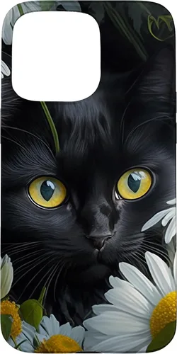 Vista 28 de iPhone 16 Black Cat with Daisies – Enchanting Floral Design Case