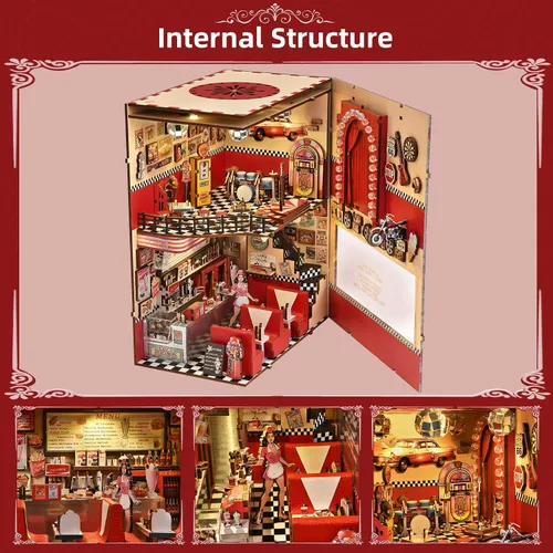 Vista 3 de fifijoy Kit de Rincón de Libros - Kit de Casa en Miniatura DIY para Adultos, Kit de Construcción de Casa Pequeña Cafetería Retro de los años 50