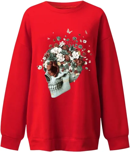 Vista 2 de Youngnet Sudaderas de manga larga para mujer, estilo casual, de manga larga, cuello redondo, divertido estampado de esqueleto, sin capucha