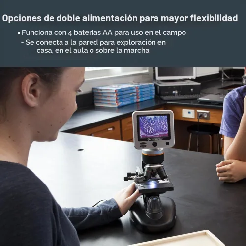 Vista 7 de Celestron – Microscopio digital LCD II – Pantalla de 3.5" – Cámara de 5MP – Aumento de 40x–1600x – Cabezal giratorio – Tarjeta SD incluida – Salida