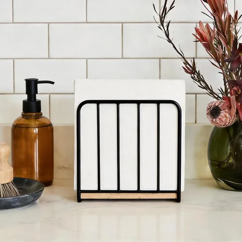 Vista 5 de Servilletero moderno de granja para mesa, base de madera maciza pesada con diseño de metal, dispensador vertical de servilletas para encimera